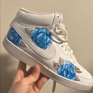 Custom Nike High-Top Sneakers with Blue Rose Design